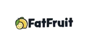 Black FatFruit Casino logo featuring a stylized lemon or citrus fruit icon, minimalist gaming brand design on vibrant yellow background, modern gambling platform identity